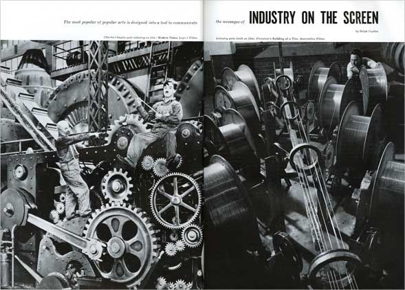 Spread of article on industry in film by Ralph Caplan in I.D. vol. 7 no. 4, April 1960.